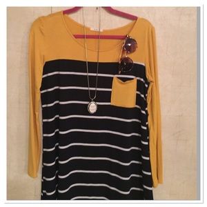 Mustard,Dark blue and white dress